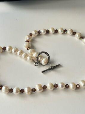 Freshwater baroque pearls/brown crystal choker necklace